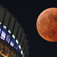 東京スカイツリーの傍らで皆既月食となった満月。月の左下にある星が、月に隠れる前の天王星＝東京都墨田区で2022年11月8日午後8時8分、手塚耕一郎撮影