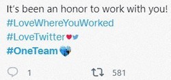 世界中のツイッター社員が、「#OneTeam」などのハッシュタグを付け、共に働いた仲間への感謝の言葉を投稿している(画面のスクリーンショットより)=9日午後、加藤美穂子撮影