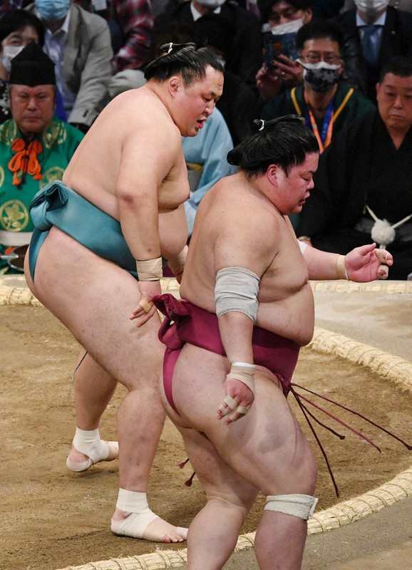 玉鷲(奥)が押し出しで大栄翔を破る=福岡国際センターで2022年11月16日、矢頭智剛撮影