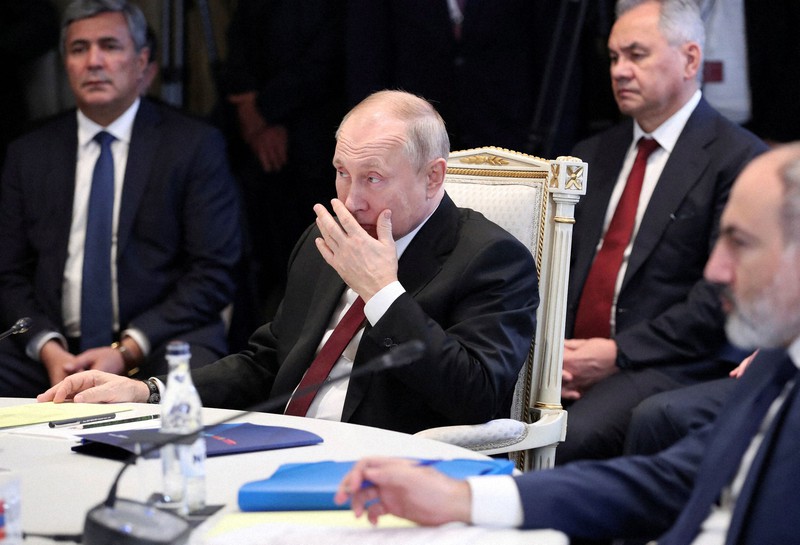 集団安全保障条約機構(CSTO)首脳会議に出席するロシアのプーチン大統領=アルメニアの首都エレバンで2022年11月23日、ロイター