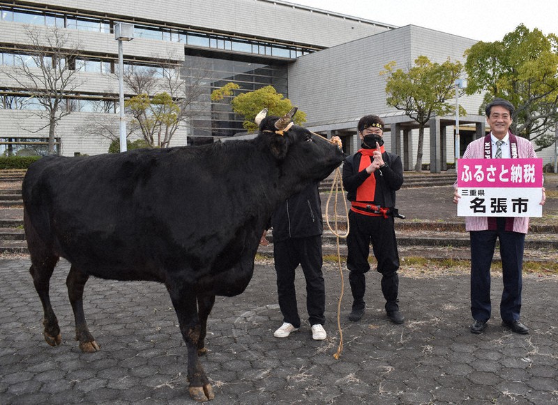 伊賀牛の横に立ちふるさと納税のPRをする北川裕之市長(右)=三重県名張市役所前で、山中尚登撮影