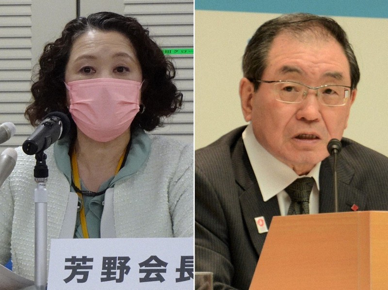 (左)記者会見する連合の芳野友子会長と、(右)経団連の十倉雅和会長=いずれも東京都千代田区で2022年11月、吉永磨美、中津川甫撮影