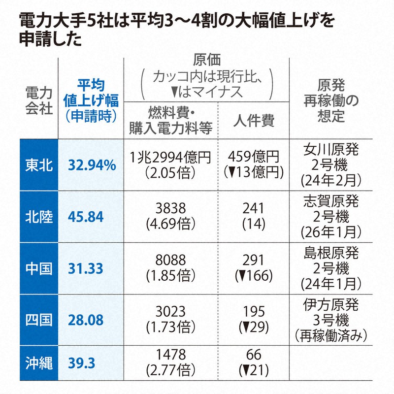 電力大手5社は平均3~4割の大幅値上げを申請した