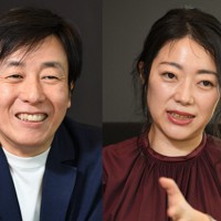 サイボウズの青野慶久社長（左）と社会学者の富永京子さん＝東京都中央区で2022年12月13日、宮本明登撮影