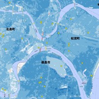 毎日新聞が作成した「津波浸水想定マップ」のイメージ図。黄色の点は幼保施設と学校。徳島県北島町に海は無いが、ほとんどの施設が浸水想定域にある（国土地理院標準地図と国土交通省国土数値情報のデータを基に作成）