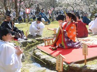 People clad in traditional attire are seen composing Japanese poems before a cup of sake flows past them at Dazaifu Tenmangu shrine in Dazaifu, Fukuoka Prefecture, on March 5, 2023. (Mainichi/Toyokazu Tsumura)=Click/tap photo for more images.