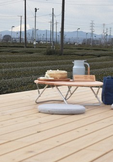 The Chichibu mountains and Mount Fuji are seen beyond tea fields from the "Chabatake Terrace Chanowa" platform in Iruma, Saitama Prefecture, on March 1, 2023. (Mainichi/Takashi Seido)