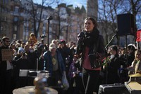 Finnish Prime Minister Sanna Marin addresses supporters during a campaign rally in Helsinki, Finland, Saturday, April 1, 2023. (AP Photo/Sergei Grits)