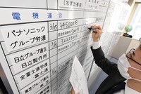春闘の集中回答日に、労使交渉の回答状況をボードに書き込む金属労協の職員＝東京都中央区で3月15日（代表撮影）