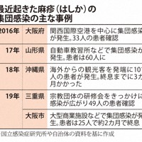 最近起きた麻疹（はしか）の集団感染の主な事例