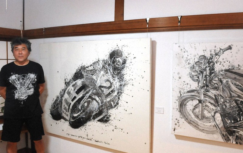 N o40 オートバイ　絵画　イラスト画　自作絵画 絵から聞こえそうなエンジン音 新潟の画家、割り箸で描くバイク | 毎日新聞