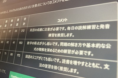 チャットGPTを利用して安藤昇さんが作った成績一覧表の所見欄の例。架空の生徒の名前とデータを入力した＝2023年7月14日午後2時54分、李英浩撮影