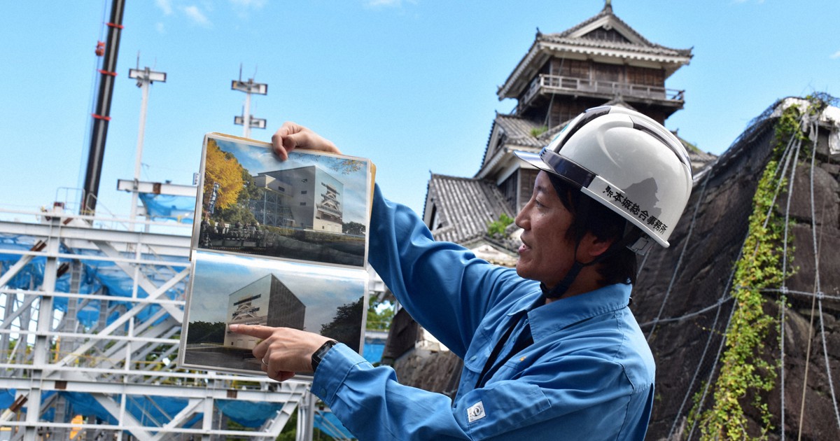 熊本城・宇土櫓で「素屋根」組み立て 周囲覆う前に報道陣に公開 [写真