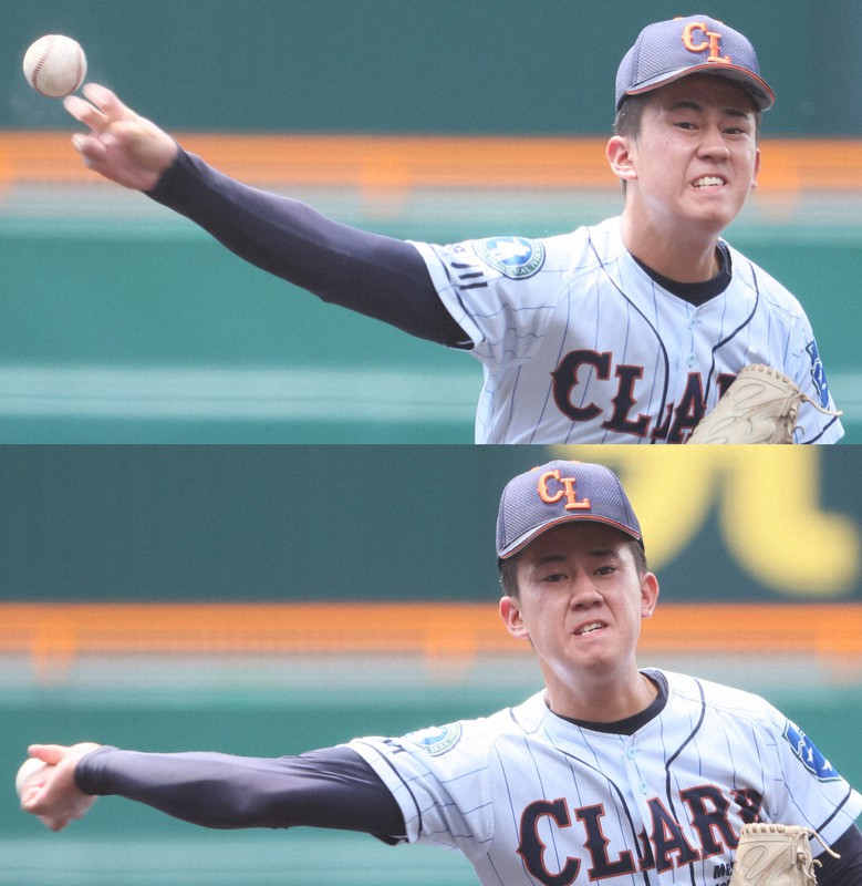 【クラーク記念国際-前橋商】千手観音投法で力投するクラーク記念の先発・新岡=阪神甲子園球場で2023年8月8日、中川祐一撮影