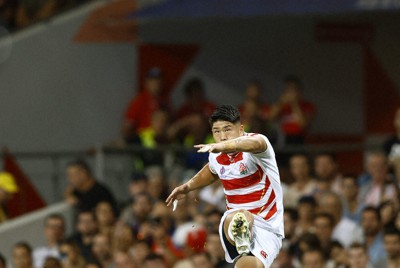 【日本－サモア】前半、松田がキックを決める＝仏トゥールーズで2023年9月28日、ロイター