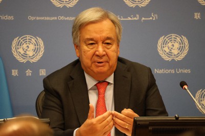 記者会見する国連のグテレス事務総長＝米ニューヨークで2023年9月13日、八田浩輔撮影