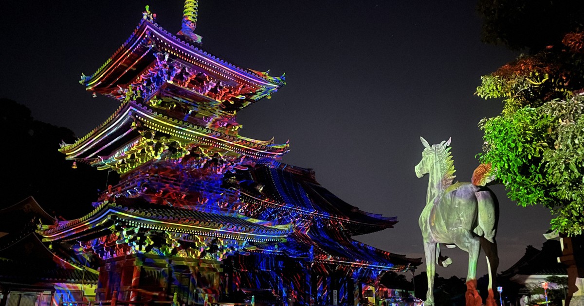 光の掛け軸 夜の本堂彩る 大阪・水間寺でデジタルアートフェス | 毎日新聞