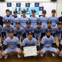 21世紀枠の県推薦校に選ばれ、表彰状を手にする草津東ナイン＝草津市西渋川2の同校で、藤田文亮撮影