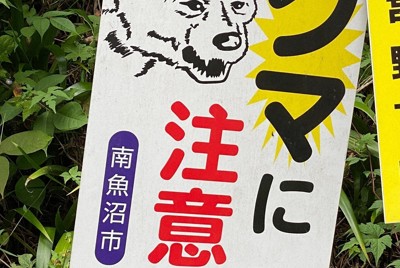 「クマに注意」の看板＝新潟県南魚沼市で、銅崎順子撮影