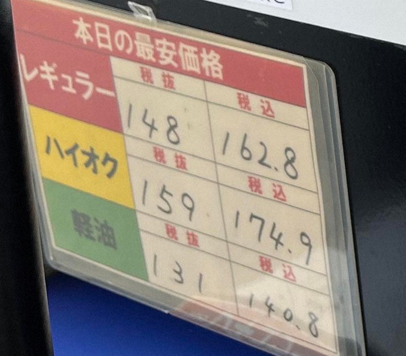 那覇市のセルフ式ガソリンスタンドでタッチパネルのそばに掲げられた価格表。「本日の最安価格」は石油元売り会社の携帯アプリなどを使って最大限の割引が適用された場合の価格で、割引を使わない場合の価格表示は近くに見当たらない＝那覇市で2023年10月16日午後0時25分、比嘉洋撮影