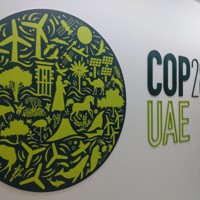 COP28の事務所に掲げられているロゴマーク＝アラブ首長国連邦のアブダビで2023年9月8日、井口彩撮影