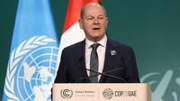 国連気候変動枠組み条約第28回締約国会議（COP28）で演説するドイツのショルツ首相＝アラブ首長国連邦（UAE）で2023年12月2日、AP