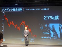 決算記者会見でSBノーススターについて「ほぼ開店休業」の状態と話したソフトバンクグループの孫正義会長兼社長＝東京都港区で2022年5月12日、山口敦雄撮影