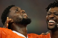 Ivory Coast's Jean-Philippe Krasso, left, celebrates with teammate after scoring his team second goal during the African Cup of Nations Group A soccer match between Ivory Coast and Guinea-Bissau in Abidjan, Ivory Coast, Saturday, Jan. 13, 2024. (AP Photo/Sunday Alamba)
