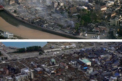 焼け跡生々しく 上空から見た被災直後と現在 能登半島地震1カ月 | 毎日新聞
