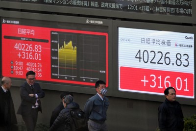 4万円台となった日経平均株価を示す証券会社のモニター＝東京都中央区で2024年3月4日午後0時3分、宮間俊樹撮影