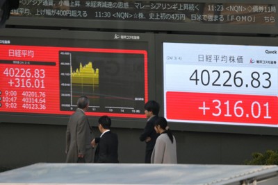 午前の終値が4万円台となった日経平均株価を示す証券会社のモニター＝東京都中央区で2024年3月4日午前11時32分、宮間俊樹撮影