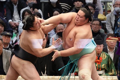 若元春（左）を攻める琴ノ若＝エディオンアリーナ大阪で2024年3月17日、西村剛撮影