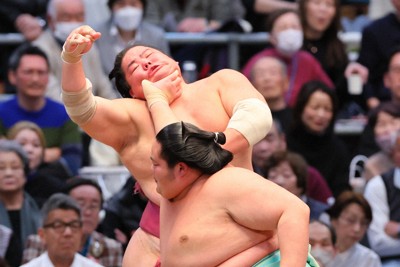 琴ノ若（手前）が押し出しで大栄翔を降す＝エディオンアリーナ大阪で2024年3月18日、長谷川直亮撮影