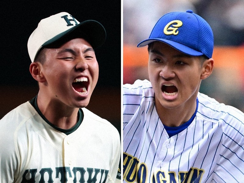 報徳学園の間木歩投手（左）と中央学院の颯佐心汰投手
