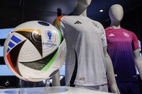 The official jerseys of the German national soccer team for the upcoming European Football Championship 2024 (UEFA EURO 2024) are on display at the headquarters of sporting goods manufacturer adidas AG, in Herzogenaurach, Germany, on March 14, 2024. (Daniel Karmann/dpa via AP)