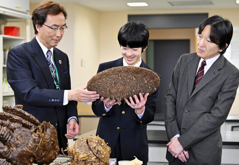 玉川大学の昆虫科学実験室を見学される秋篠宮さまと悠仁さま＝東京都町田市で2024年4月6日午前11時25分、前田梨里子撮影