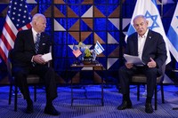 Israeli Prime Minister Benjamin Netanyahu speaks as he meets with President Joe Biden, on Oct. 18, 2023, in Tel Aviv. (AP)