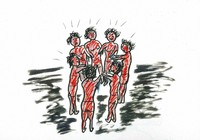 Girls with burns over their entire bodies weep following the U.S. atomic bombing of Hiroshima in this drawing by Seigo Nishioka.