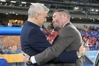 Al Ain Football Club's Head Coach Hernan Crespo, left, and Yokohama F. Marinos' Head Coach Harry Kewell greet each other before the first leg of the AFC Champions League final soccer match in Yokohama, Japan, on May 11, 2024. (AP Photo/Eugene Hoshiko) 