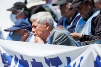 Koichi Kawano participates in the 499th edition of anti-nuclear sit-ins held on the ninth of every month in commemoration of the Aug. 9, 1945 atomic bombing of Nagasaki on May 9, 2024. (Mainichi/Kota Yoshida)