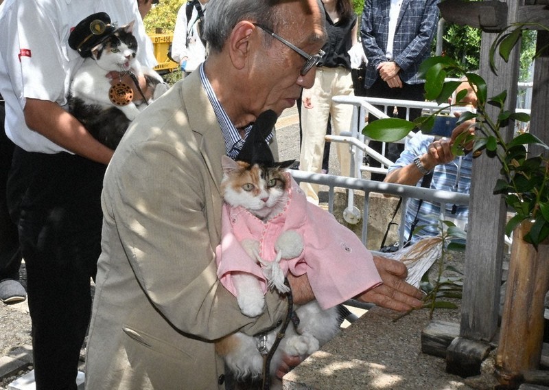 たま駅長命日、貴志駅にファン集う 後継「ニタマ」が榊を奉納 | 毎日新聞