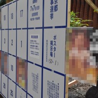 クリアファイルに入れて掲示板の横に取り付けられた届け出番号49番目以降の候補者のポスター（右端）＝東京都新宿区で2024年6月20日、田中綾乃撮影（画像の一部を加工しています）