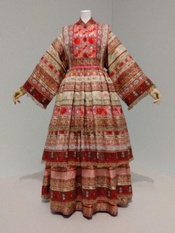 The 1982 "marie" wedding dress made of ribbons with floral embroidery, which was also shown in  Kenzo's final show in 1999, is seen at the Tokyo Opera City Art Gallery on July 5, 2024. (Mainichi/Yashiho Komatsu)=Click/tap photo for more images.