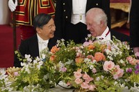 Emperor Naruhito, left, attends a state banquet hosted by King Charles III and Queen Camilla at Buckingham Palace on June 25, 2024. (C) Jordan Pettitt/PA Wire