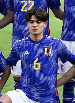 Soccer player Kaishu Sano in a national team uniform is seen at the Japan National Stadium in Tokyo on Jan. 1, 2024. (Mainichi/Tatsuya Fujii)