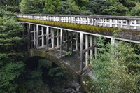The pillars supporting the old Tsuge Bridge's girder from the top of the arch section are laid out in grid patterns reminiscent of Japanese-style architecture, as seen in this photo taken in the city of Shinshiro, Aichi Prefecture, on Sept. 7, 2021. (Mainichi/Koji Hyodo)