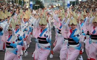 Dancers in "yukata" summer kimono and woven hats perform a "women's dance" during the traditional Awa Odori folk dance festival in the city of Tokushima on Aug. 12, 2024. (Mainichi/Masashi Mimura)