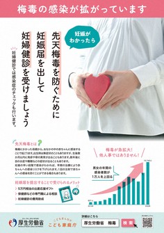 This image shows a poster created by Japanese government bodies including the Ministry of Health, Labor and Welfare calling on people to be aware of the dangers of congenital syphilis. 