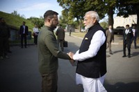 This photo provided by the Ukrainian Presidential Press Office shows Indian Prime Minister Narendra Modi, right, meeting with Ukrainian President Volodymyr Zelenskyy at the Martyrologist Exposition in Kyiv, Ukraine, on Aug. 23, 2024. (Ukrainian Presidential Press Office via AP)