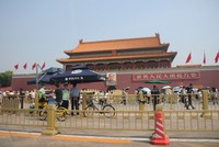 Chinese police officers are seen monitoring Tiananmen Square in Beijing on June 4, 2024. (Mainichi/Hideto Okazaki)